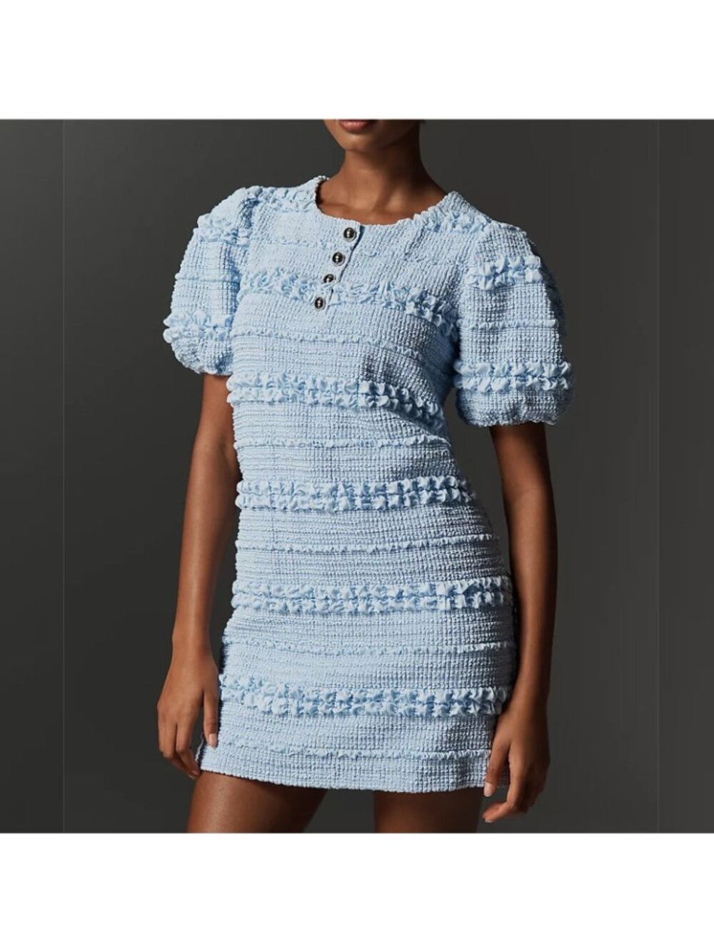 English Factory XS Blue Tweed Textured Mini Shift Dress Puff Sleeve Button $130 - Picture 2 of 8